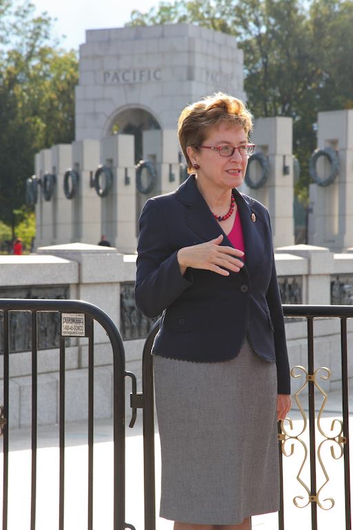 Rep. Marcy Kaptur (D-Ohio) standing in front of the barricades cordoning off the World War II memorial.