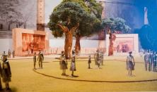 A photograph of a design graphic, courtesy Gehry Partners 2013, of the Dwight D. Eisenhower Memorial.