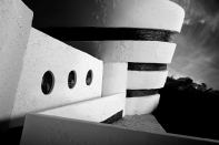 Model of Frank Lloyd Wright's Solomon R. Guggenheim Museum made with icing, cotton candy, candy wrappers, licorice, sugar, and gingerbread.