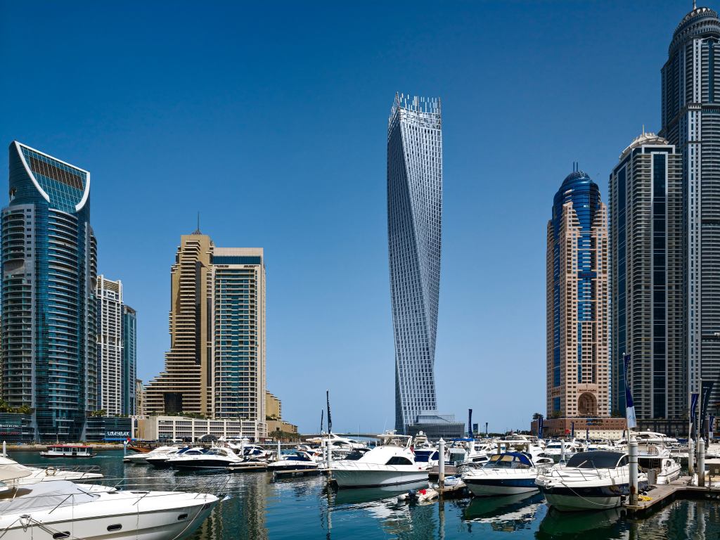 The newly completed Cayan Tower as seen from the Dubai Marina.