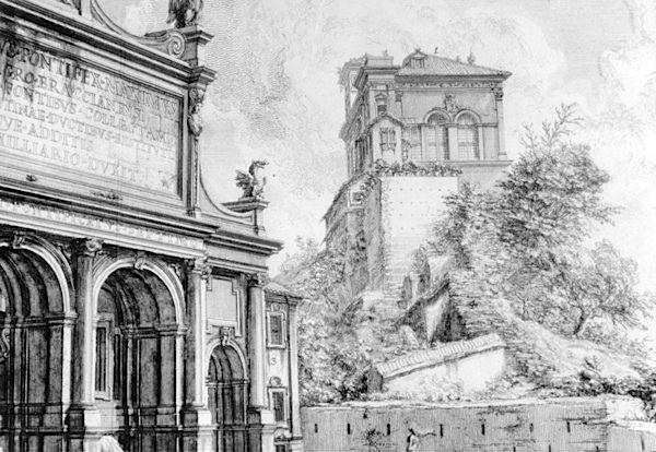 The Villa Aurelia (at right), home of the American Academy in Rome, as seen in an 18th century print by Giovanni Battista Piranesi