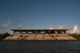 The wide view of the stadium as it stands over the water today. The boat-racing basin is as big as the National Mall in Washington, D.C.