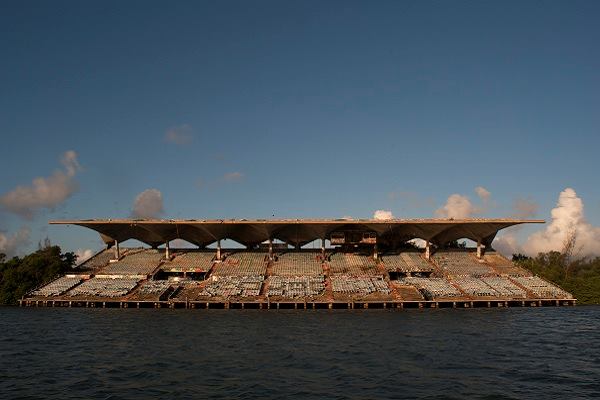 The wide view of the stadium as it stands over the water today. The boat-racing basin is as big as the National Mall in Washington, D.C.