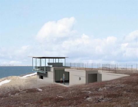The owners and their guests will be able to walk along a sea grass planted roof to enter the glass pavilion on grade, or follow the dune downhill to a private courtyard entrance on the lower level.