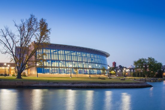 Northwest view of dining facility at sunset