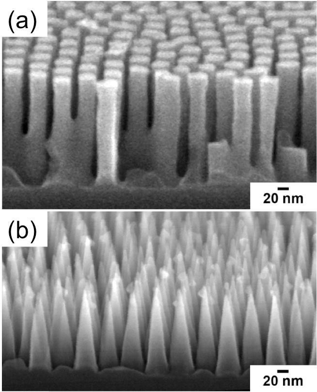 Side view scanning electron microscope image of a silicon surface textured with (a) cylindrical pillars and (b) nanocones.