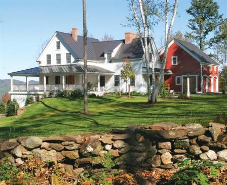 The home's Greek Revival-style exterior detailing suits its rural Vermont setting.
