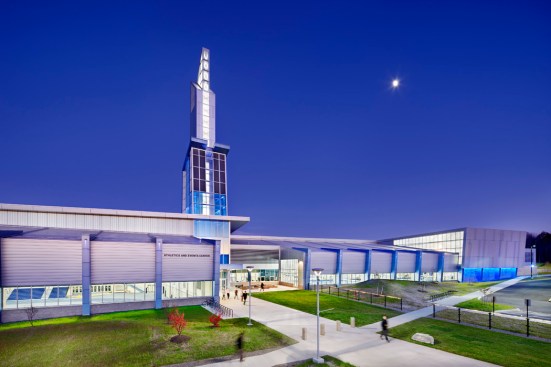 Main campus entry at dusk