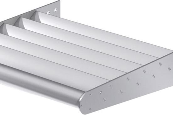 Airolite’s sun control products now include nine models in widely used blade designs, including airfoil (shown), fan, rectangular tube, and louver zee blades. The shading devices block as much as 80% of the sun’s heat and glare. Suitable for atriums, walkways, skylights, reception areas, and work spaces, they are manufactured from extruded aluminum and available in a variety of finishes. airolite.com