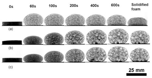 Aluminum foam specimens made from reused beverage cans.