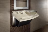 Bathrooms have gone high tech with hands-free faucets, soap dispensers, and hand dryers. Bradley Corp.’s Advocate AV-Series goes one step further by combining all three into one unit. The AV-Series allows users to wash and dry hands without moving from a sink to a hand dryer, eliminating water drips on the floor. Made of Terreon solid surface material, the unit includes a 0.38 gpm faucet, a dual-sided hand dryer, and a top-fill soap dispenser. bradleycorp.com