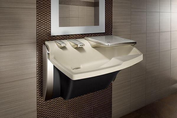 Bathrooms have gone high tech with hands-free faucets, soap dispensers, and hand dryers. Bradley Corp.’s Advocate AV-Series goes one step further by combining all three into one unit. The AV-Series allows users to wash and dry hands without moving from a sink to a hand dryer, eliminating water drips on the floor. Made of Terreon solid surface material, the unit includes a 0.38 gpm faucet, a dual-sided hand dryer, and a top-fill soap dispenser. bradleycorp.com