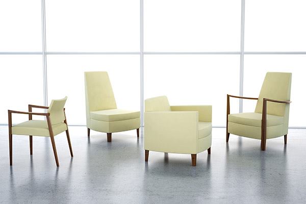 KI’s Affina is a patient-friendly collection of seating for healthcare environments. The Greenguard-certified furniture line, which includes a lounge chair, guest chair, and recliner, is made with polyurethane foam and FSC-certified wood. Created by industrial designers Dan Cramer and Paul James, Affina offers field-replaceable components and bleach-tolerant solid surfaces. Available in a variety of wood and metal finishes, with upholstery options from KI textile brands Ingrade and Pallas. ki.com