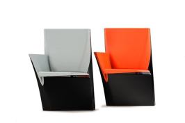 The Array seating collection—whose name comes from the concept of a matrix, or ordered pattern, found in the languages of computer science—uses geometry to create a visual effect that varies depending on the viewer’s perspective. Designed by Zaha Hadid for Poltrona Frau Contract, the auditorium or theater seat folds diagonally upward when not in use to form a triangle with the back and base. Available this summer. poltronafraugroup.com
