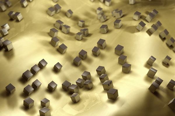 A depiction of gold film covered with light-cancelling silver nano cubes.