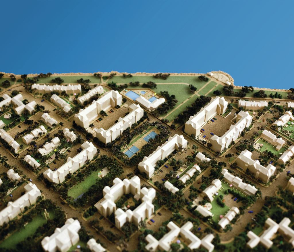 A model of Harbor Point, a mixed-income community in Boston that was transformed from public housing in the early 1980s by a developer named Joe Corcoran and the architecture firm Goody, Clancy & Associates.