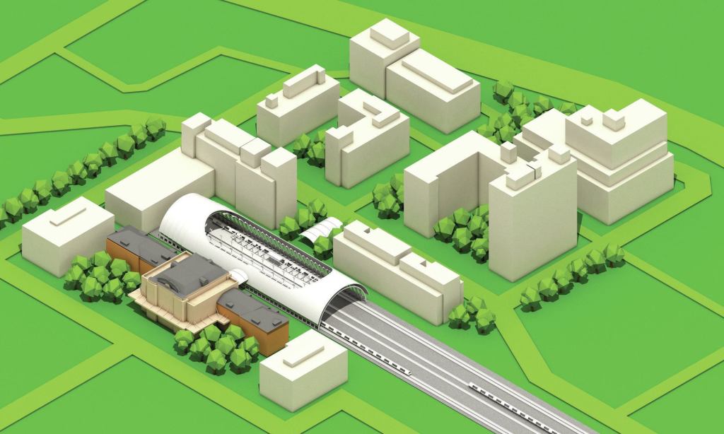 An illustration of the $500 million Union Station project in downtown Denver, by Skidmore Owings & Merrill and Hargreaves Associates. The project includes the construction of a new transit hub, apartments, and office buildings.