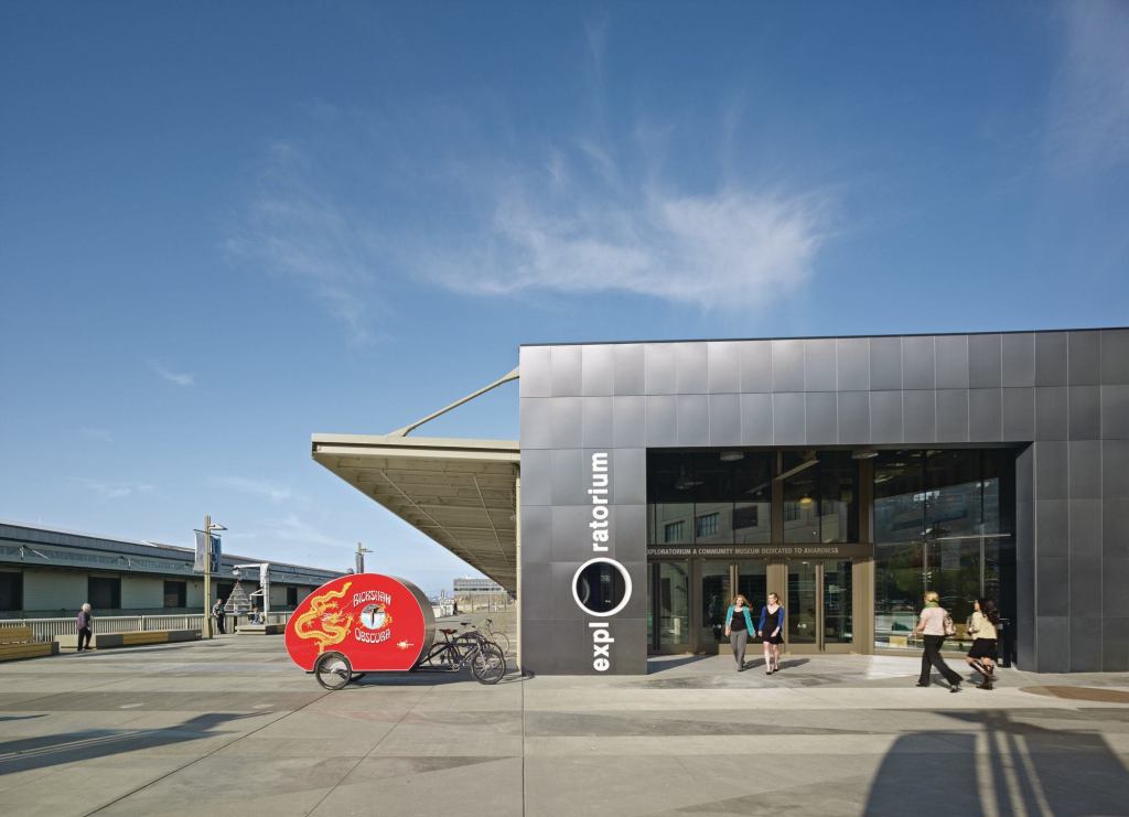 The new aluminum-panel-clad entrance to the Exploratorium on Pier 15 in San Francisco.