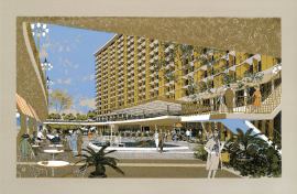 A screenprint of the 1966 Century Plaza Hotel, designed by Minoru Yamasaki. Recently threatened with demolition, the building is slated to be restored by the Los Angeles firm Marmol Radziner.