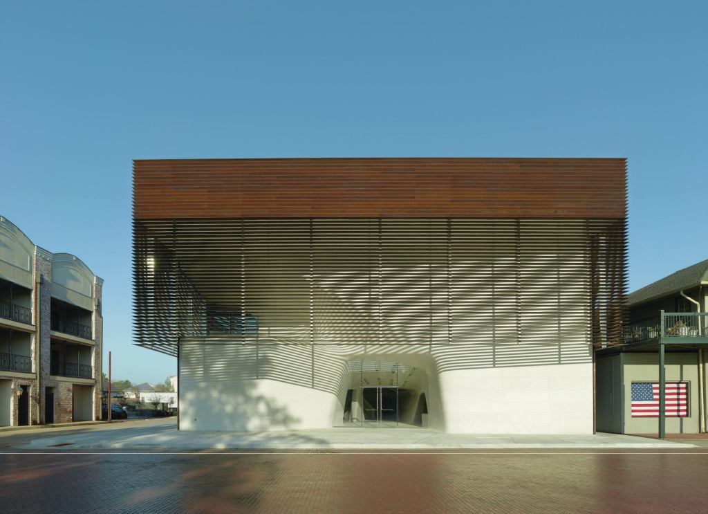 The louvered entrance to the Louisiana Sports Hall of Fame and Northwest Louisiana History Museum echoes surrounding balconies and porches in the town of Natchitoches.