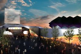 Taipei Pop Music Center: A view of the Hall of Fame and Main Hall above the raised public plaza.