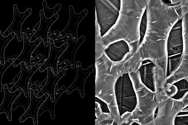Early prototype of an interlocking cellular pneumatic assembly system, which informs the research of Upjohn Research Grant recipients Kathy Velikov and Geoffrey Thün.