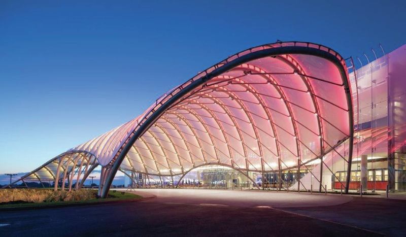 The Yonkers Casino entry features a glowing porte-cochère canopy made of structural steel tubes and ETFE pillows.