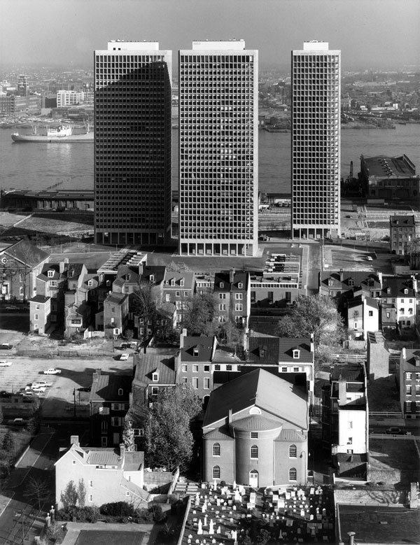 Society Hill Towers, designed by I.M. Pei & Associates, view from the west.