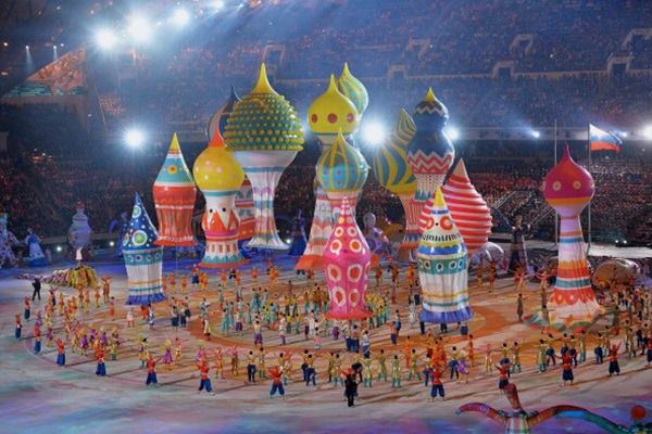 Dancers perform with inflated buildings during the 2014 Sochi Olympic Opening Ceremony.