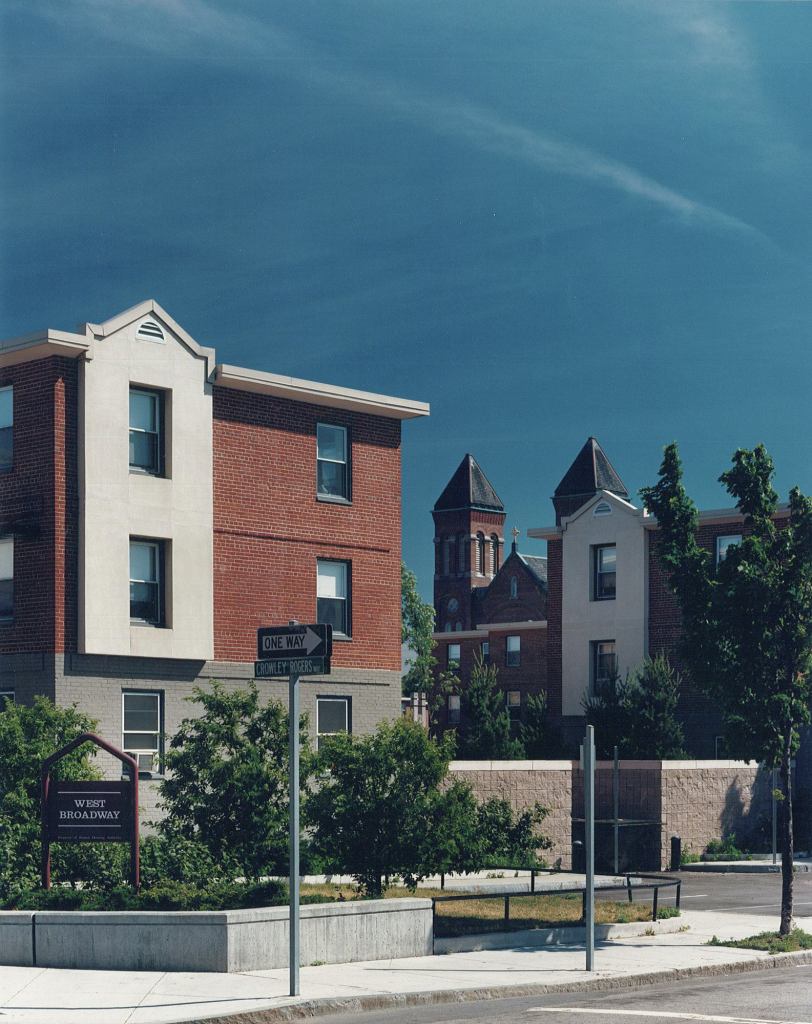 The entrance to the West Broadway housing development, after renovation in accordance with the 1983 P/A Award-winning plan.