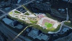 A rendering of the new Atlanta Braves Stadium and adjoining mixed-use development