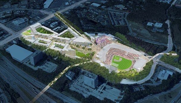 A rendering of the new Atlanta Braves Stadium and adjoining mixed-use development