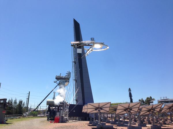 One of CSIRO's central-receiving towers creating solar steam.