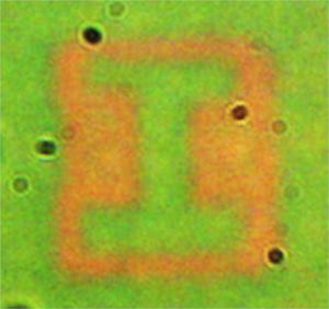 The researchers recorded UIUC's “I” logo using the plasmonic film. Each bar in the letter measures approximately 6 micrometers.
