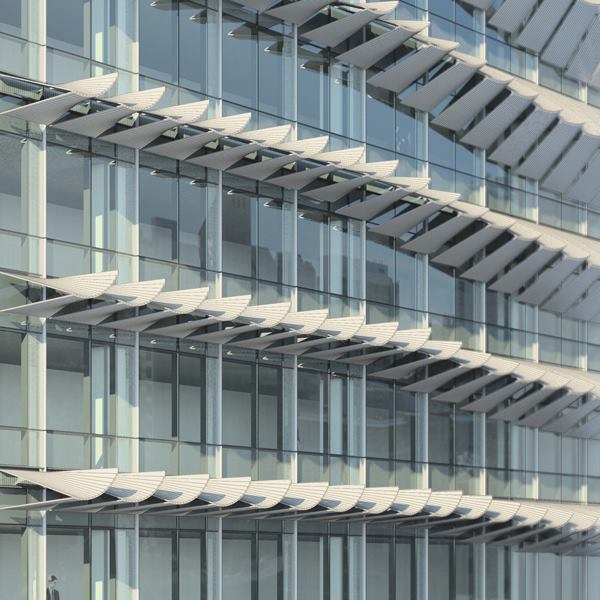 Seattle-based NBBJ developed a responsive shading system whose cantilevered, curvilinear panels block sunlight and solar radiation while maintaining views.