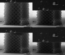 Clockwise, from left to right, an aluminum-oxide nanolattice before, during, and after compression.