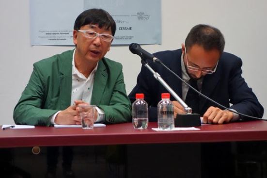 Toyo Ito, Hon. FAIA, addresses international media before his keynote address at this year's Cersaie ceramic tile and bath fittings trade show.