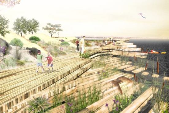 The report includes alternative proposals for the city's HarborWalk project that mitigate rising sea levels with soft infrastructure and natural landscaping.
