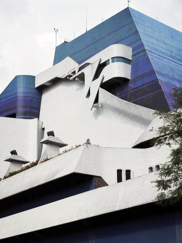 The west facade of the Miguel Ángel Asturias Cultural Center Complex in Guatemala City, designed in 1978 by Efraín Recinos.