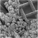 A microscopic image of a novel solar-cell battery revealing a permeable mesh structure.