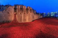 An installation of more than 800,000 ceramic poppies in the dry moat surrounding the Tower of London closes on Nov. 11.