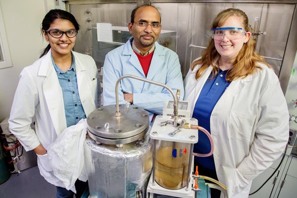 From left: Research chemist Dheeptha Murali, senior research scientist Brajendra Kumar Sharma, and process chemist Jennifer Deluhery.