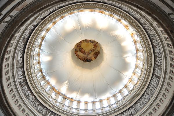 Restoration efforts within the underside of the Capitol rotunda in Washington, D.C.