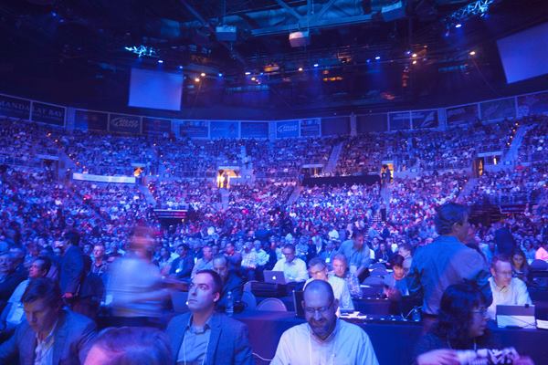 In a stadium typically used for rock concerts, approximately 10,000 architects, BIM managers, investors, and media gather for the keynote at Autodesk University 2014.