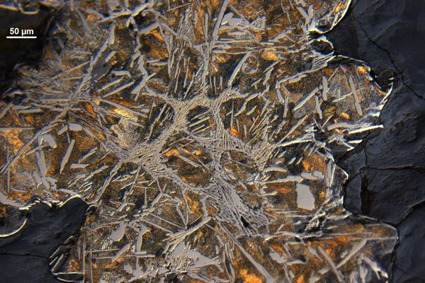 A microscopic view of carbide-rich iron shows rust (dark gray) and carbides (white).