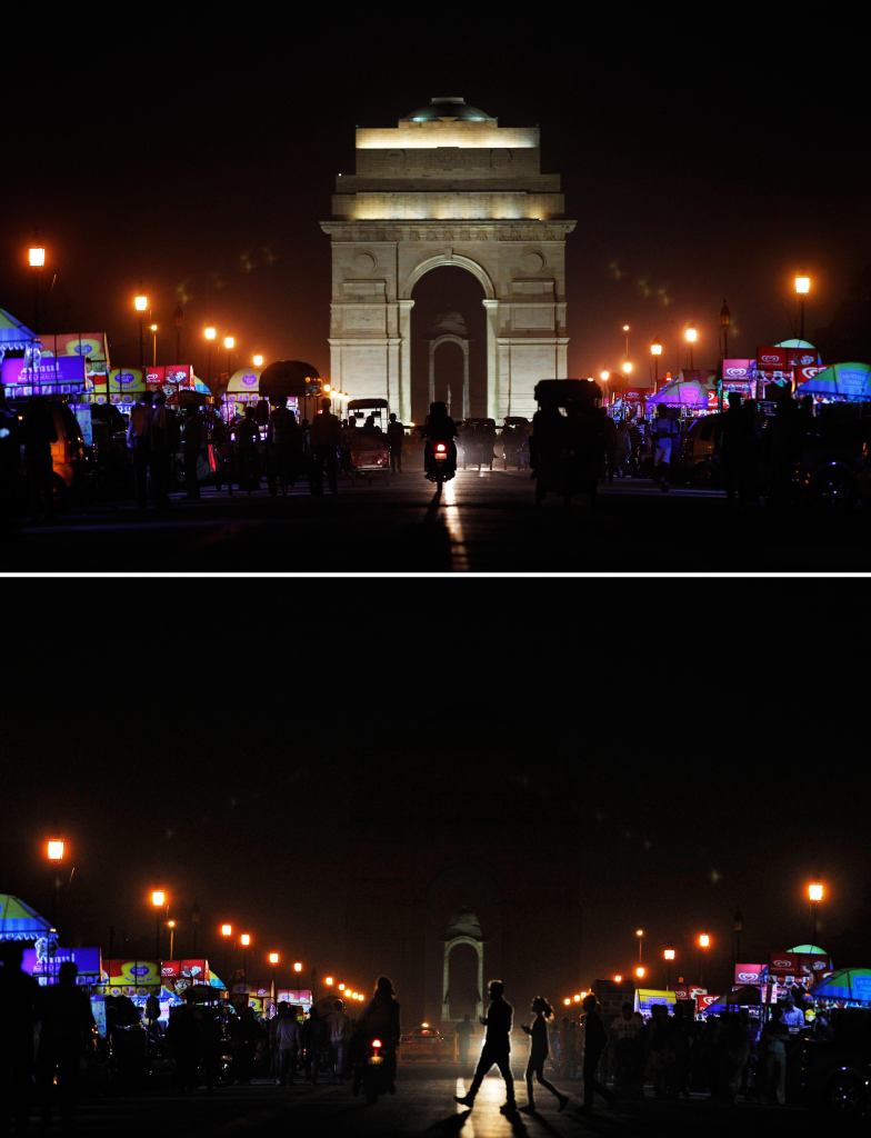 Top: The landmark India Gate lit up; Bottom: The same location in darkness when the lights are turned out for one hour to mark Earth Hour, in New Delhi, India, Saturday, March 29, 2014. Earth Hour is a global call to turn off lights for 60 minutes to highlight the global climate change.