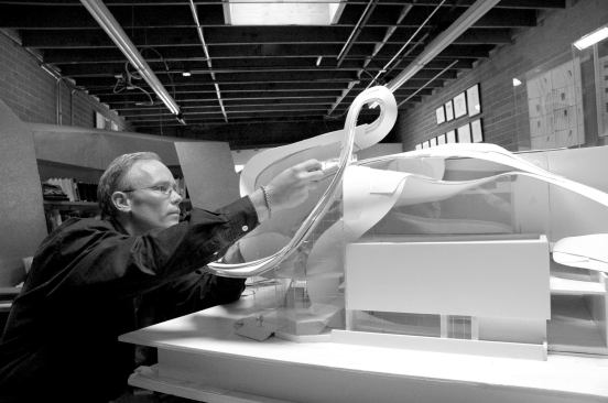 Randall Stout at work on a model of the Art Gallery of Alberta.