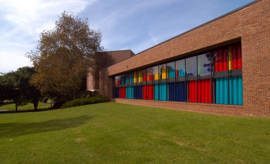 The Muscarelle Museum of Art's colorful Trombe wall functions as a solar energy collection system.