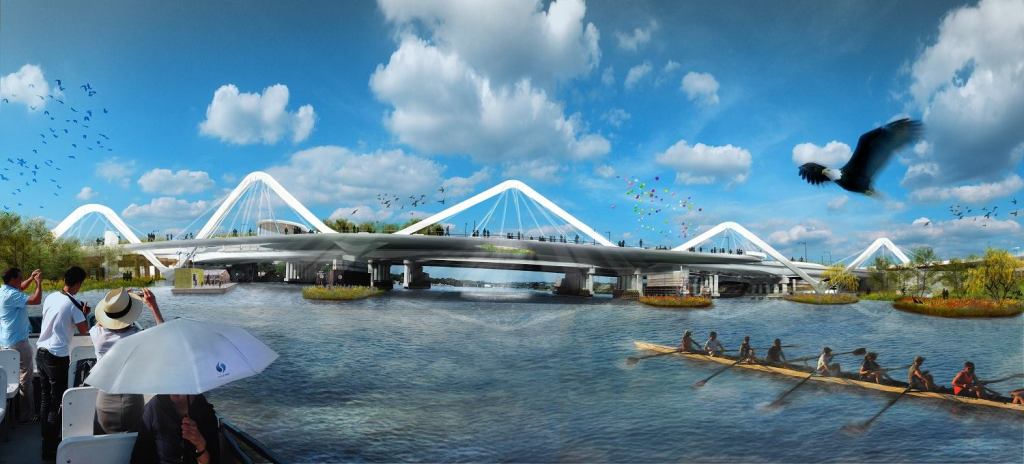 The structure allows for the design of a suspended deck giving freedom to the overall shape, program, and topography of Bridge Park and permits the deck edge to be varied, thin, and elegant.