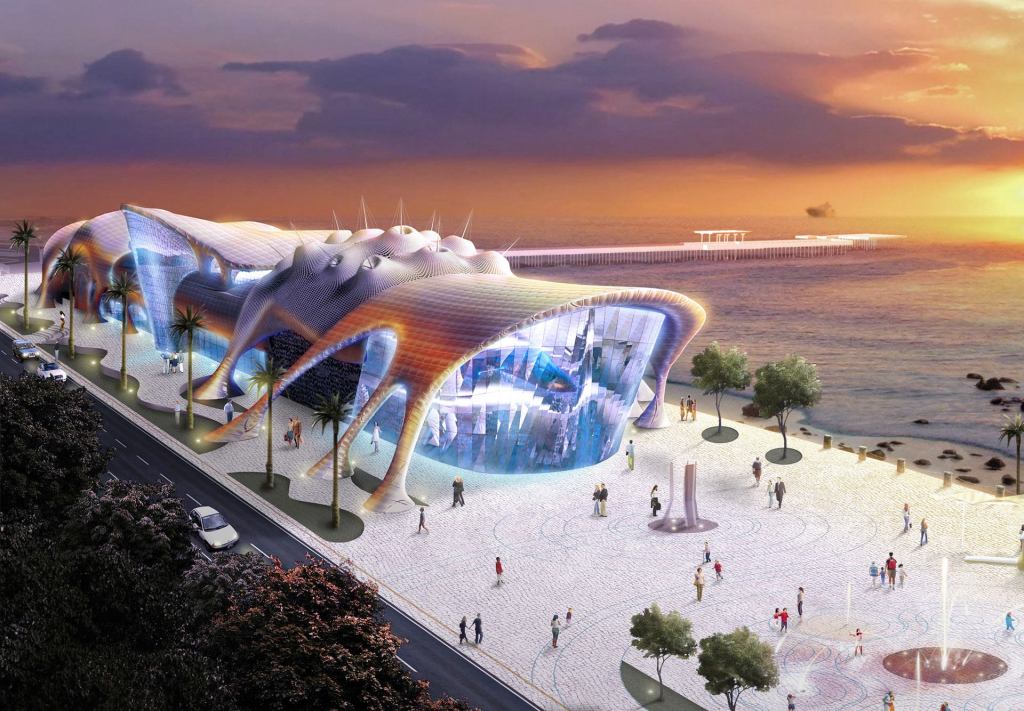 The Acquário Ceará in Brazil features an elaborate exoskeleton that combines catenary-esque columns with aquatic life–inspired forms.